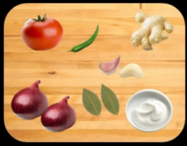  Onions, Tomato, Ginger, Garlic, Bay leaves, Yogurt and coriander leaves